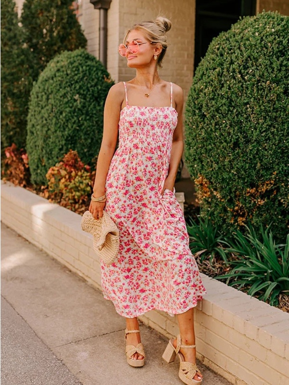 Impressions Pink Floral Smocked Midi Dress